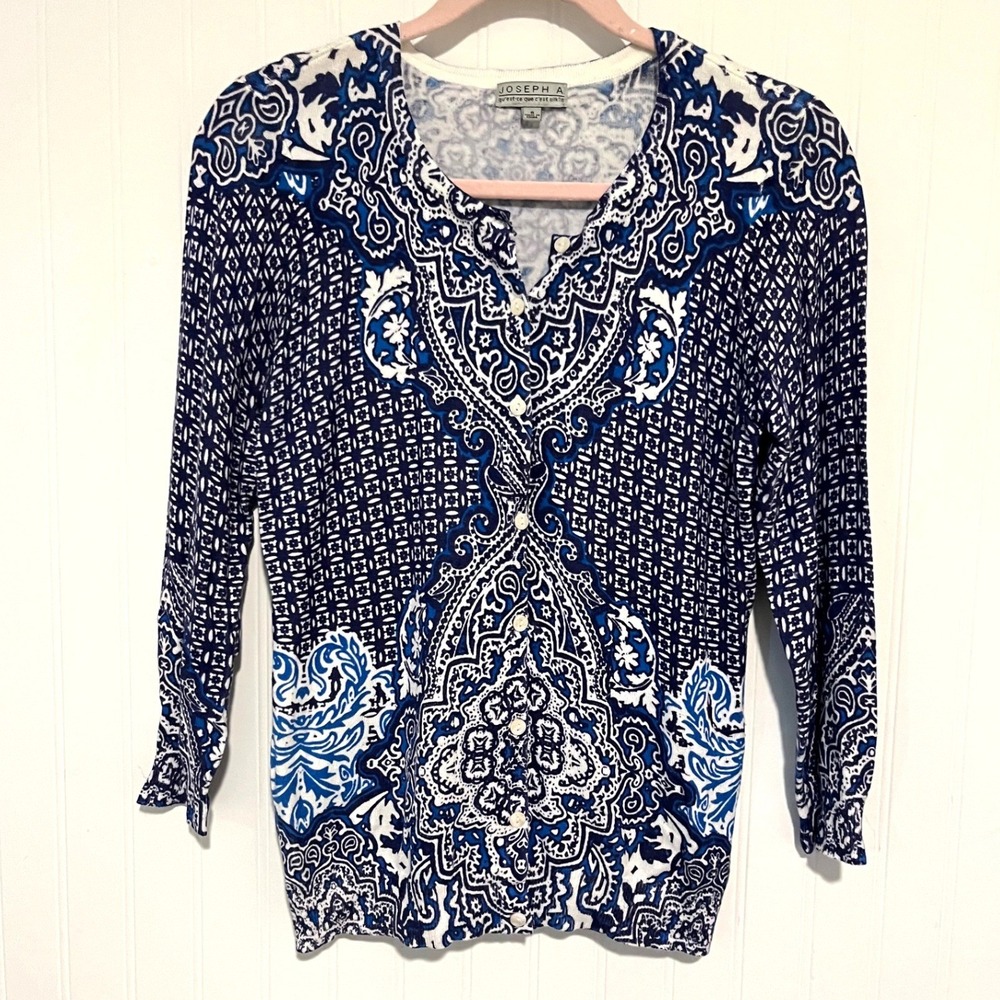 Joseph A Cardigan Womens Small Blue White Paisley Button Front Knit